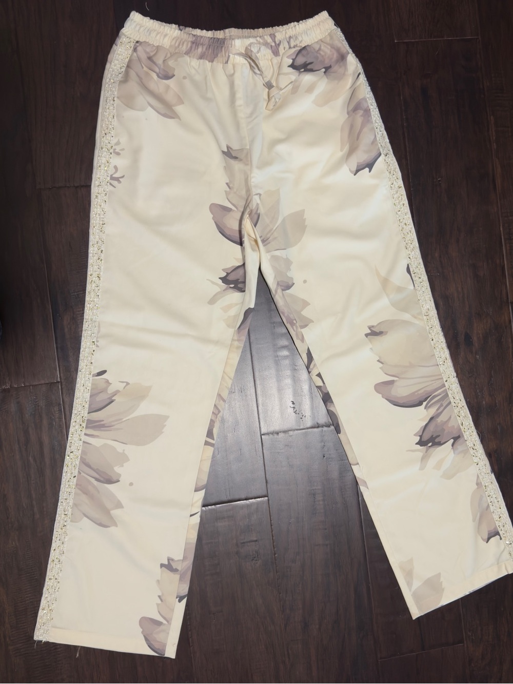 Cream Floral Pants with Lace Side Trim